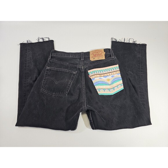 DMS Women's 27x32 Vintage Levi's 501 Black Painted Embellished Black Jeans Denim - Picture 6 of 11